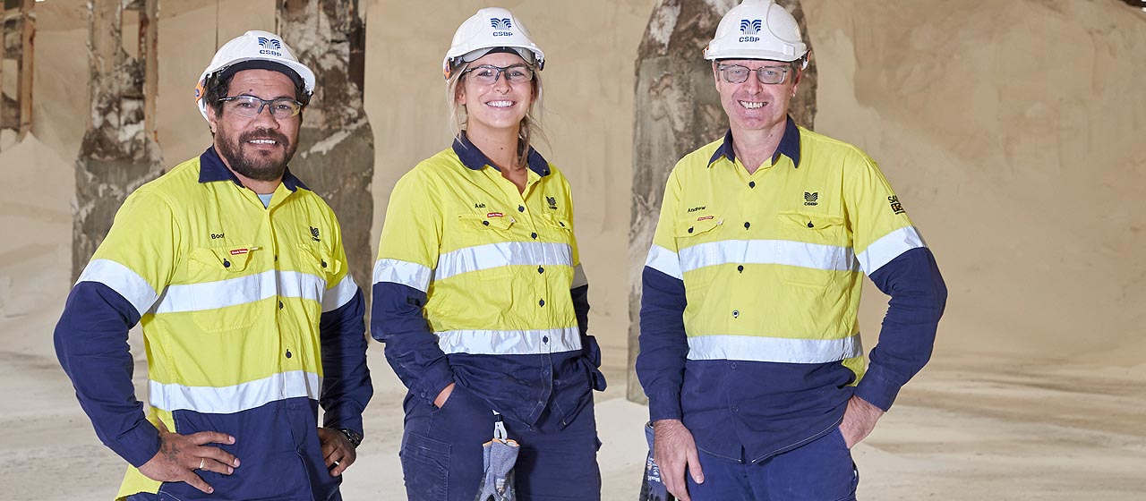Diverse staff smiling in hard hats